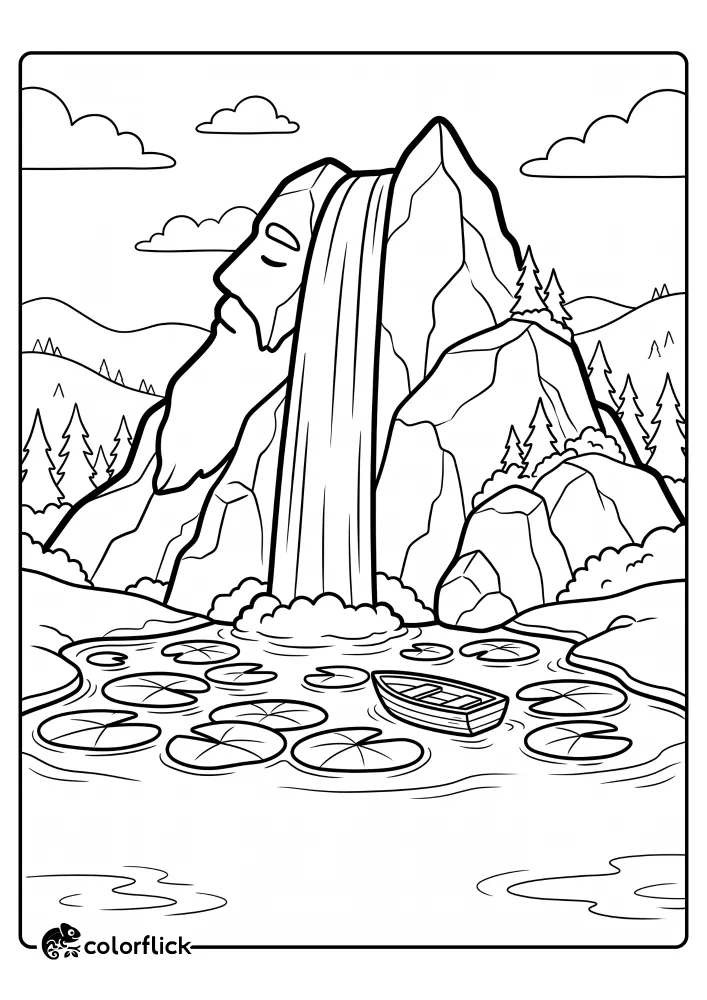 A printable coloring page for kids featuring a magical mountain shaped like a sleeping giant's face with a waterfall flowing into a pond with a boat and lily pads.