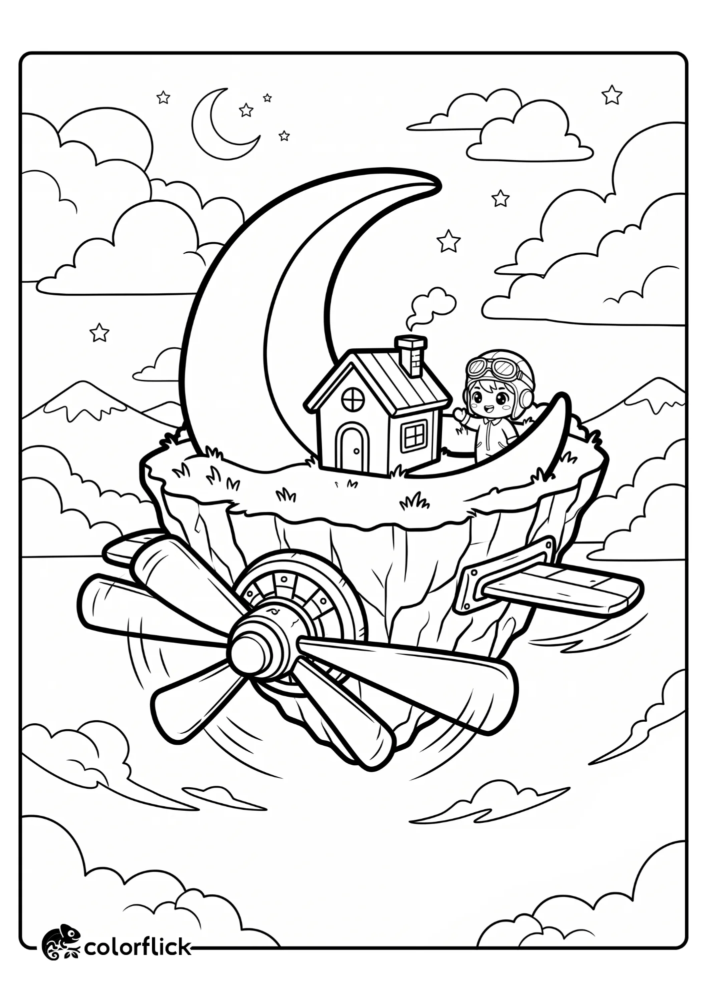 An enchanting black and white coloring sheet showing a pilot girl on a floating island shaped like a crescent moon with a house and propeller, perfect for a printable coloring page for kids.