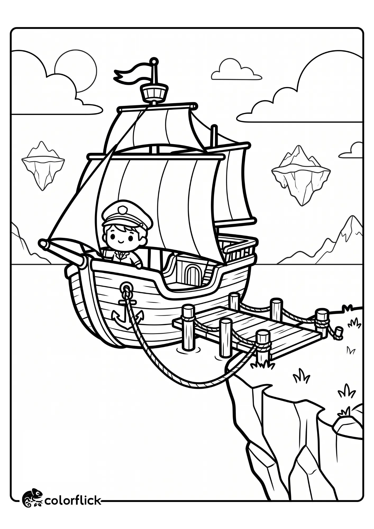 A printable coloring page for kids showing a cute pirate ship with large sails docked at a wooden pier on a grassy cliff, with floating islands and clouds in a magical sky world.