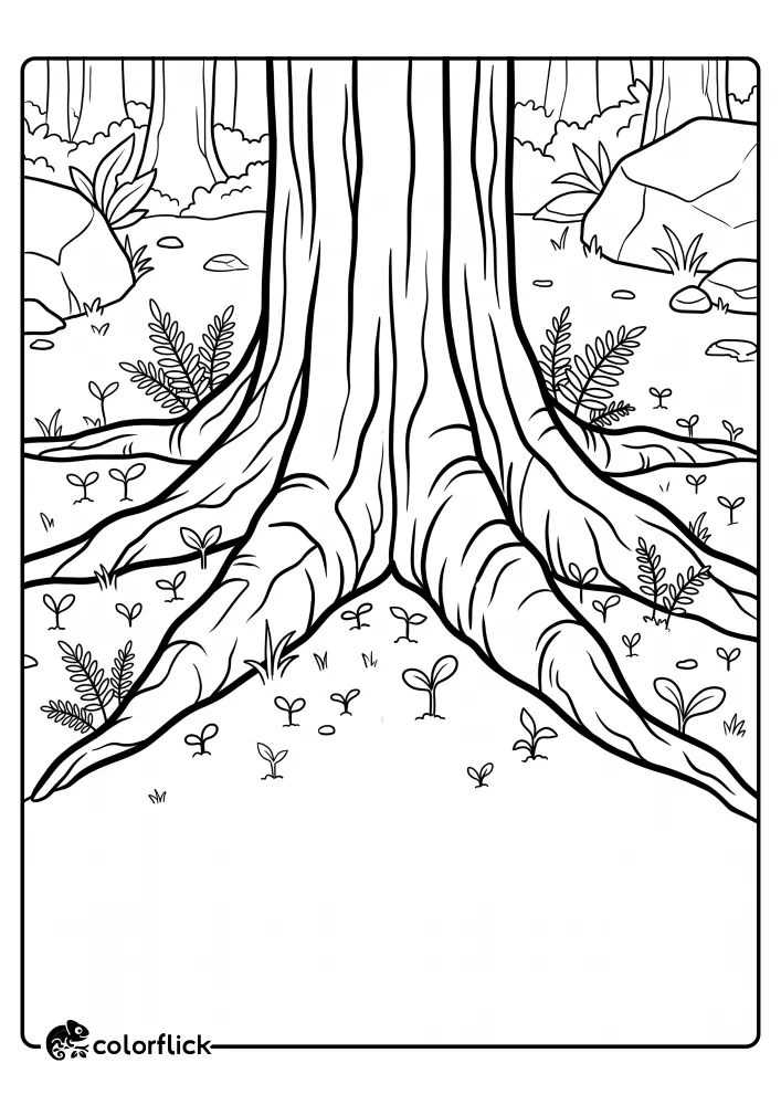 A printable coloring page for kids showing a close-up line art drawing of a massive tree trunk with large buttress roots and tiny sprouts on the forest floor.
