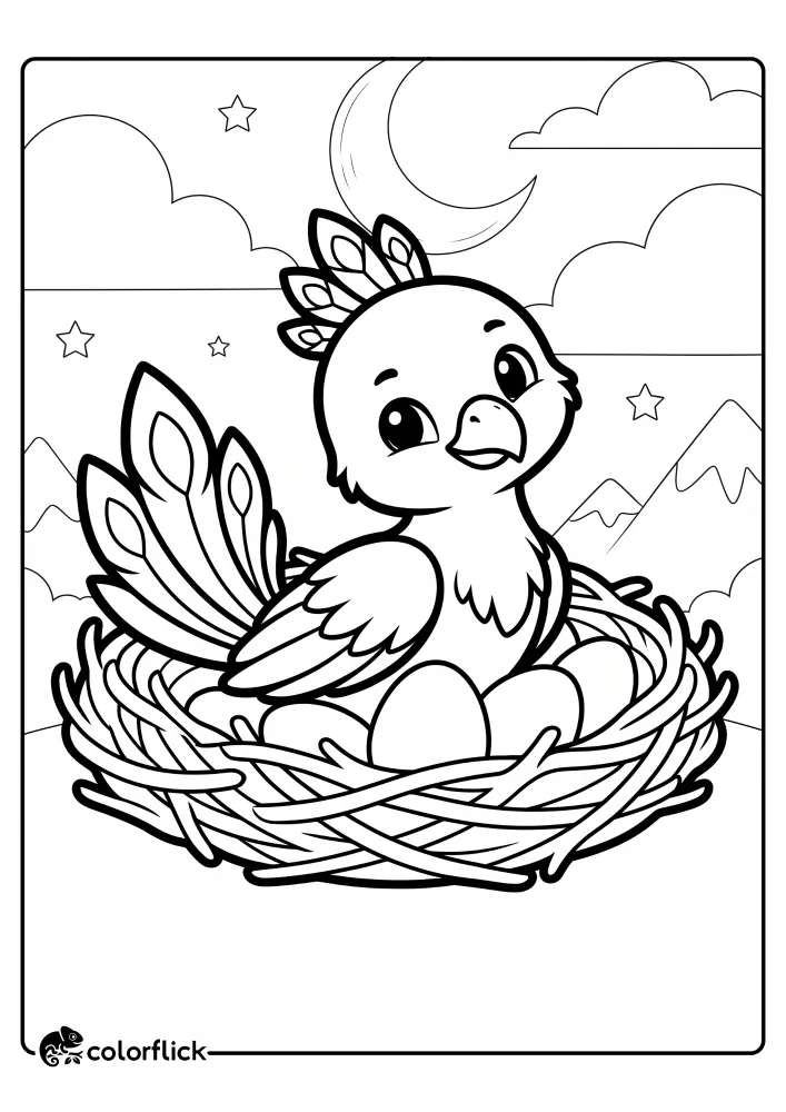 A cute mythical phoenix bird sitting calmly in a woven nest with eggs on a mountain night printable coloring page for kids.