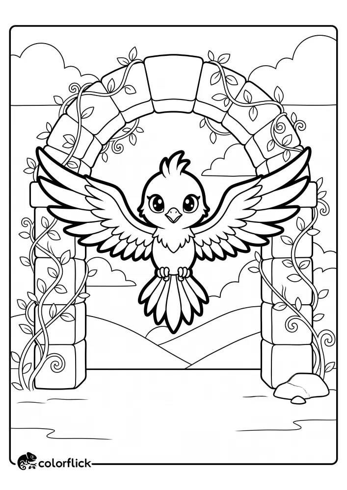 A cute mythical phoenix bird with wide wings flying directly through an ancient stone archway covered in climbing vines, featuring bold outlines for coloring and thinner lines for the background landscape. This is a printable coloring page for kids.