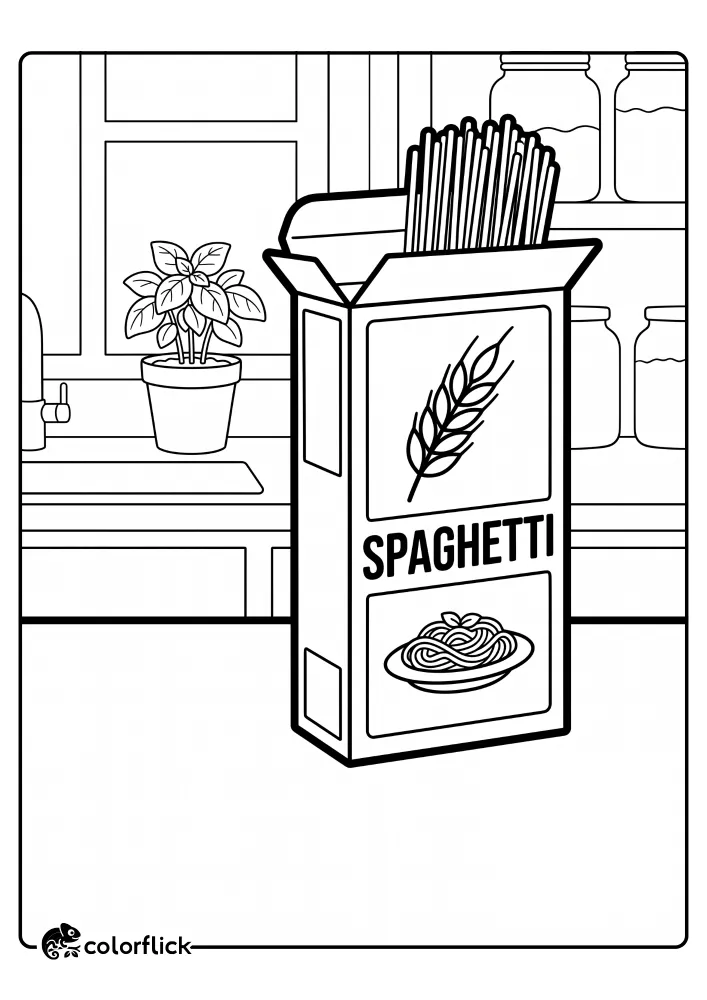 A detailed line art drawing of an open rectangular box resting on a kitchen counter with tall, straight, uncooked spaghetti noodles peeking out from the top flap; this free printable coloring sheet is a fun way for children to explore everyday pantry items.