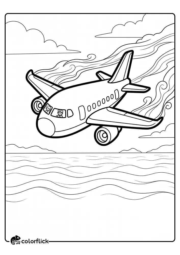 A printable coloring page for kids showing a stylized passenger airplane in flight over wide ocean waves. Simplified trails of mist or contrails stream from the wingtips. The plane has very thick outlines, while the waves and background clouds use finer lines.