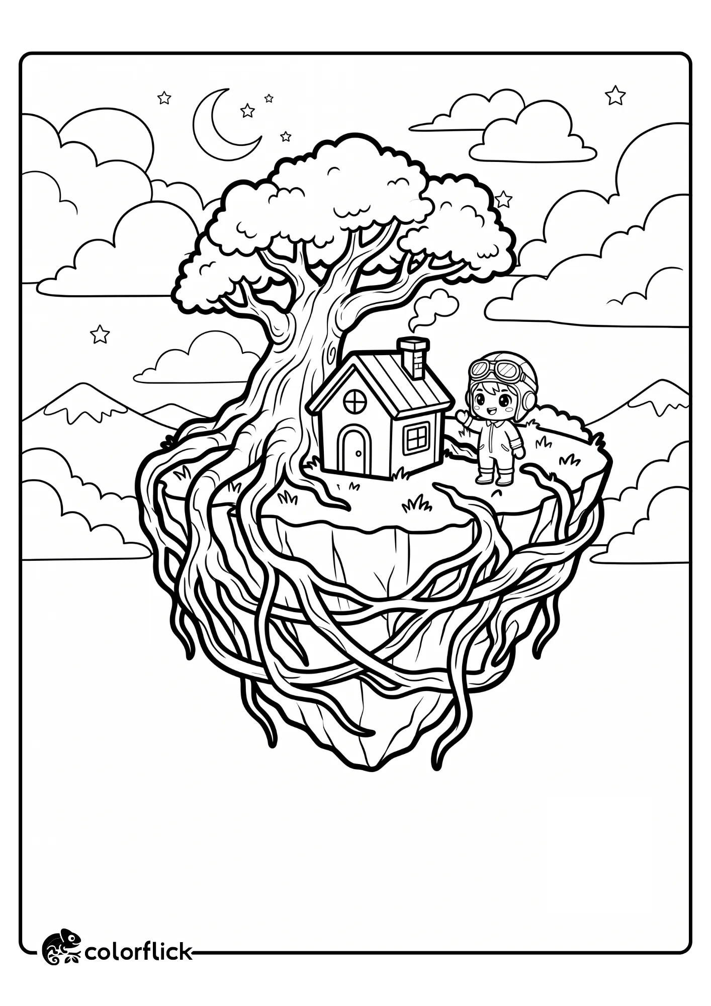 A peaceful black and white illustration of a giant ancient tree whose roots wrap around a floating island with a small house and a little pilot character, perfect as a free printable coloring sheet.