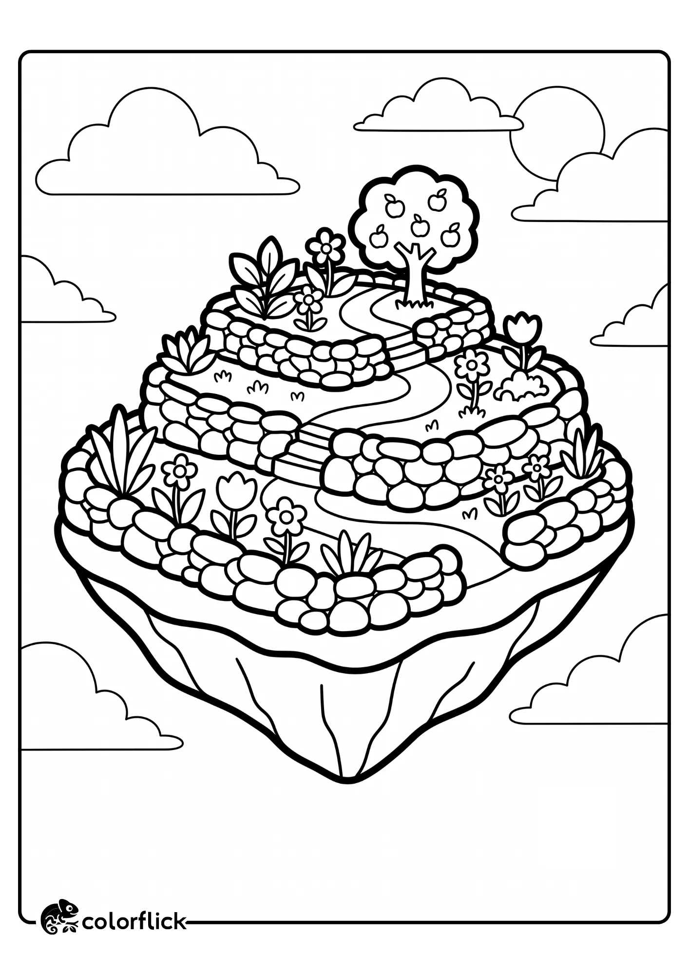 A free printable coloring sheet showing a peaceful tiered garden floating in the sky, featuring distinct levels built with smooth river stones, a winding path, flowers, and a small apple tree.