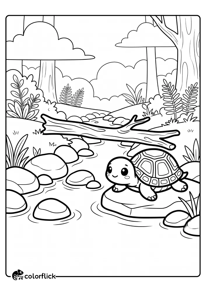 A clear line art illustration of a gentle woodland stream featuring a fallen branch bridge and a cute turtle resting on a smooth river rock, free printable coloring sheet.