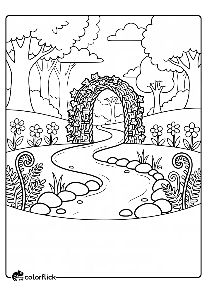 A peaceful line art scene featuring a winding forest trail lined with pebbles and ferns leading up to a cute ivy-covered woven archway, free printable coloring sheet for kids.