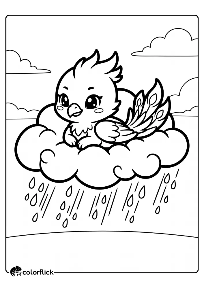 A cute baby phoenix resting peacefully on a fluffy cloud with falling raindrops, designed as a printable coloring page for kids.