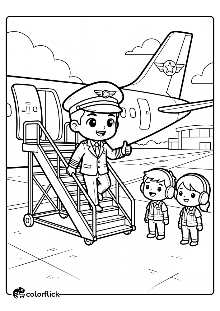 A printable coloring page for kids featuring a friendly pilot walking down airplane boarding stairs and giving a thumbs-up to ground crew members on the airport tarmac.