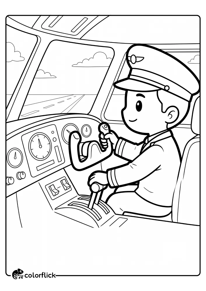 A printable coloring page for kids showing a smiling chibi pilot in uniform gripping the yoke and thrust lever in an airplane cockpit before takeoff, with a runway view through the window.