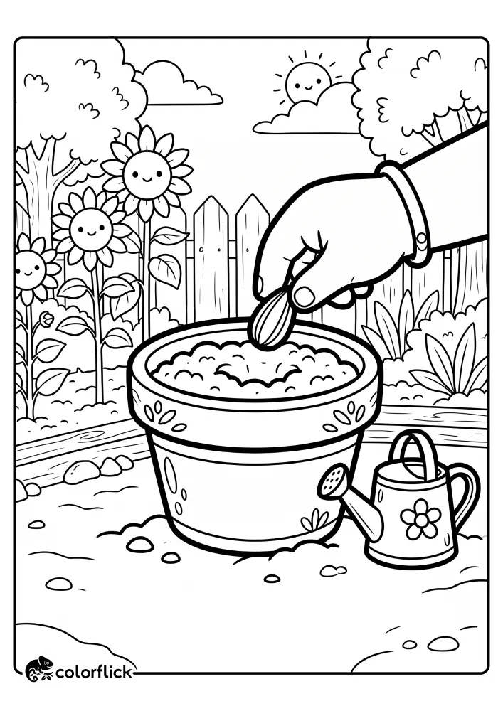 A close-up illustration of a hand planting a seed into a decorated pot, with a watering can and happy sunflowers against a fence in the background, a printable coloring page for kids.