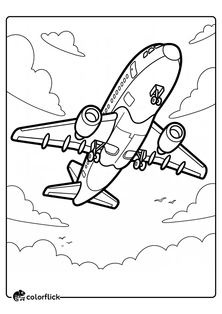 A printable coloring page for kids showing a large commercial airplane taking off steeply into a cloudy sky, viewed from underneath to show its belly and landing gear over a runway. This free printable coloring sheet is perfect for young artists.