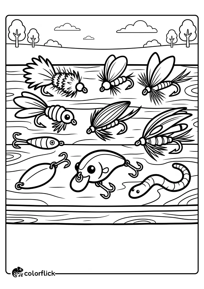A printable coloring page for kids showing a detailed collection of assorted fishing lures, artificial flies with hooks, and a worm on a wooden table.