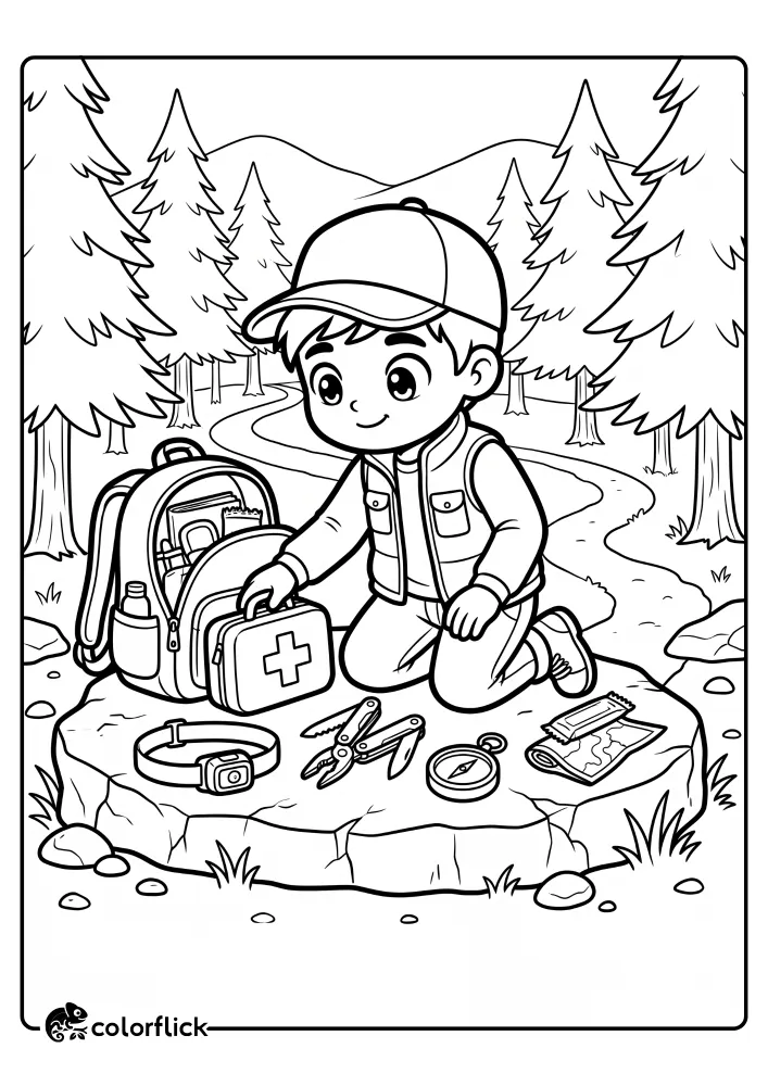 A free printable coloring sheet featuring a young boy hiker kneeling on a rock in the forest to organize his backpack, first-aid kit, and trail gear.