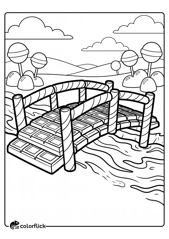 A free printable coloring sheet for kids depicting a sturdy bridge made of chocolate bars and wafer sticks crossing over a wavy river of liquid sugar in a candy landscape.