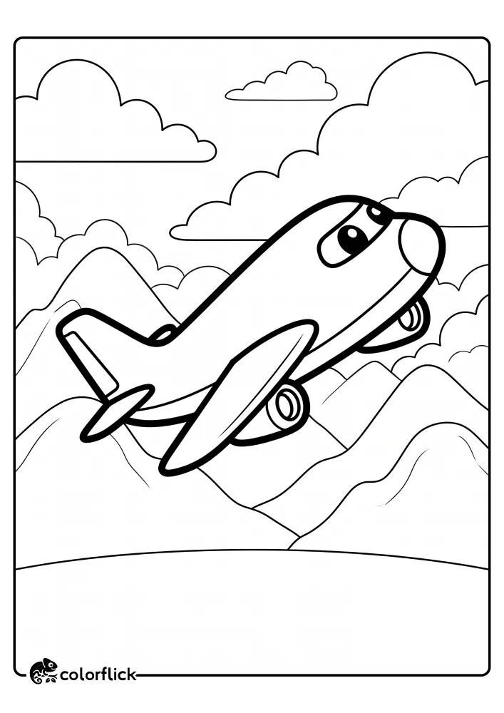 A printable coloring page for kids showing a cute cartoon airplane with eyes flying high over a range of simplified mountains and puffy clouds. This easy coloring sheet is designed for toddlers and preschoolers.