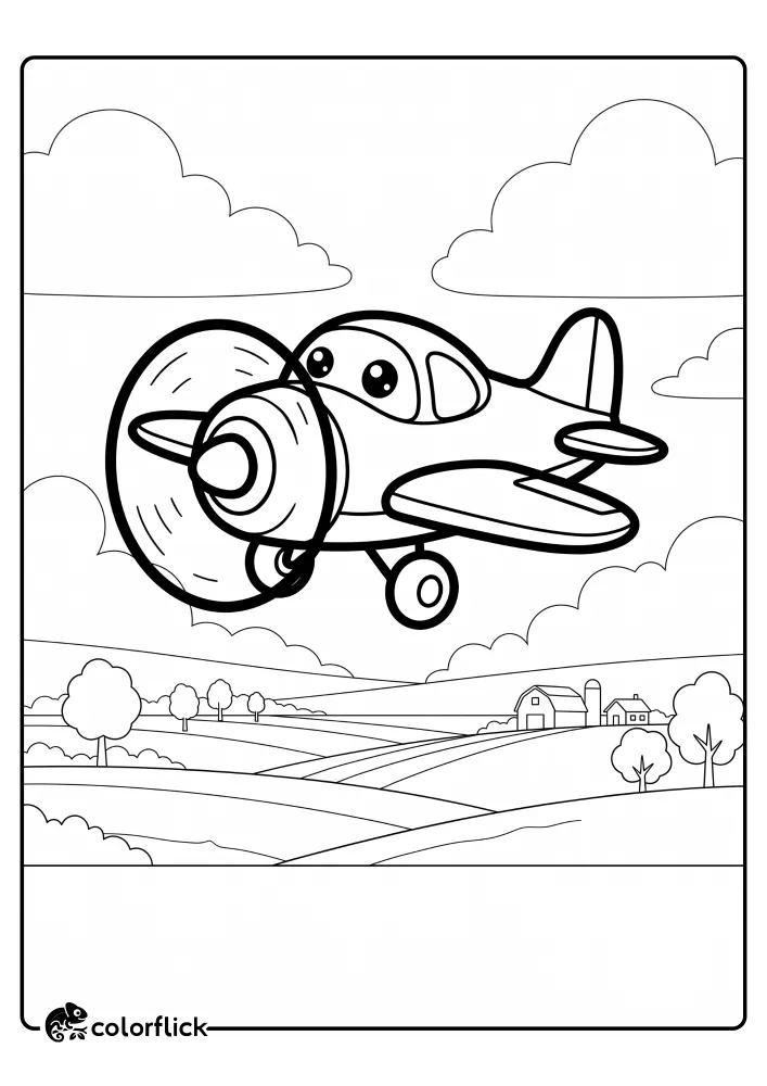 A printable coloring page for kids showing a cute cartoon propeller plane with eyes flying high over a countryside landscape of farm fields, a barn, and trees. The large fluffy clouds fill the sky. This is a simple coloring sheet for toddlers and preschoolers.