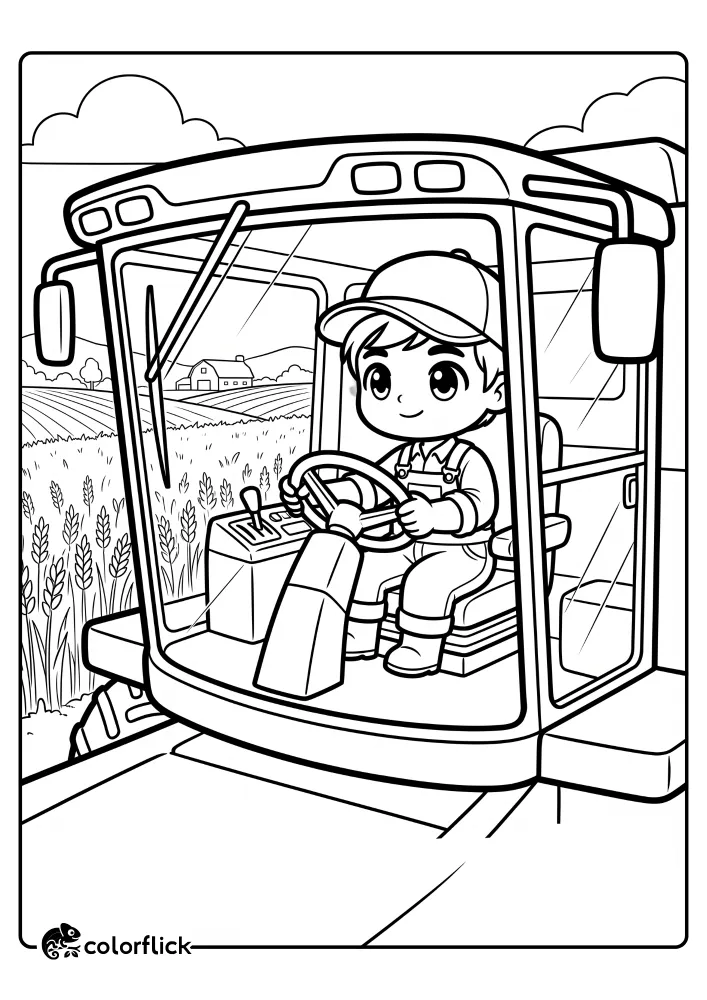 A cute cartoon-style farmer is driving a large combine harvester in a field of tall crops on this printable coloring page for kids.