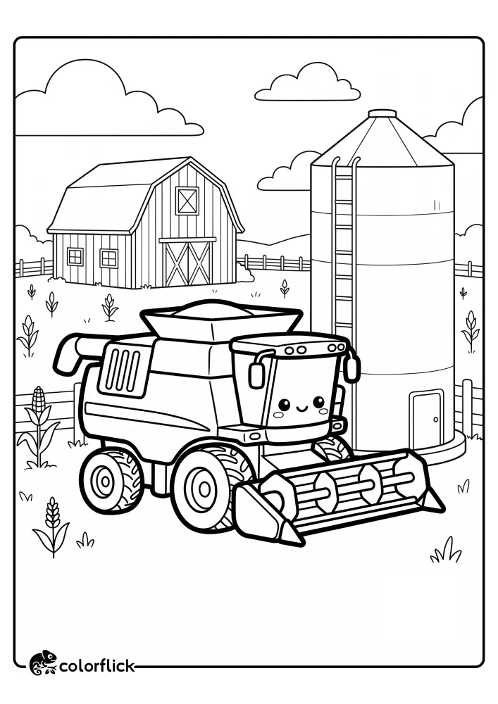 A printable coloring page for kids featuring a friendly combine harvester with expressive eyes parked next to a towering grain silo on a farm, with a traditional barn and cornstalks in the background.