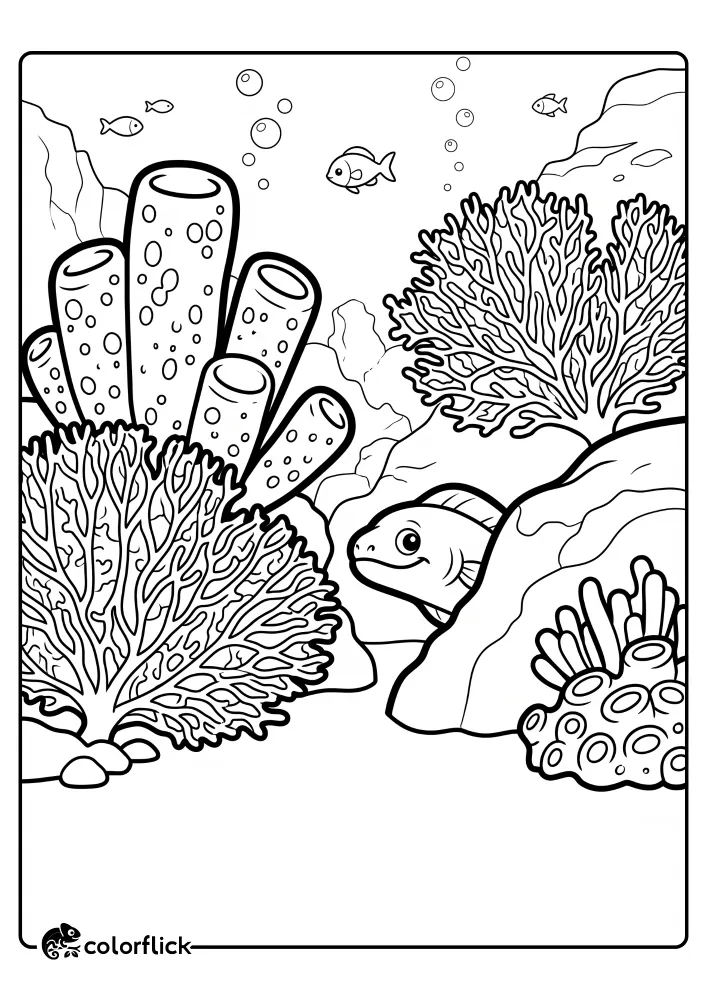 A detailed black and white line art coloring page for kids featuring a friendly moray eel peeking from behind complex coral formations and schooling fish in an active reef scene.