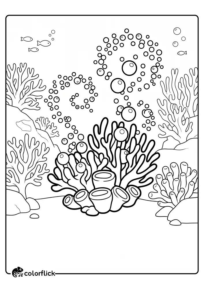 A detailed black and white illustration of tube corals releasing swirling patterns of bubbles into the ocean, surrounded by branching corals and tiny fish, presented as a free printable coloring sheet.