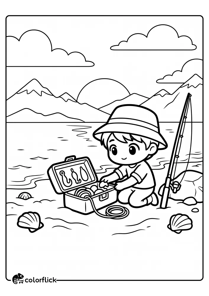 A cute chibi-style line art illustration of a young child in a hat kneeling on a beach, looking at a tackle box full of large lures with a fishing rod nearby, printable coloring page for kids.