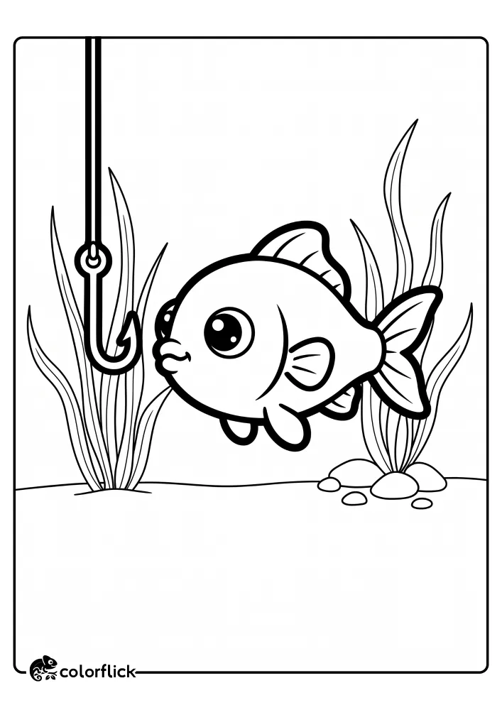 A printable coloring page for kids featuring a cute, large-eyed fish in an underwater scene approaching a dangling fishing hook, with sea grass and pebbles in the background.