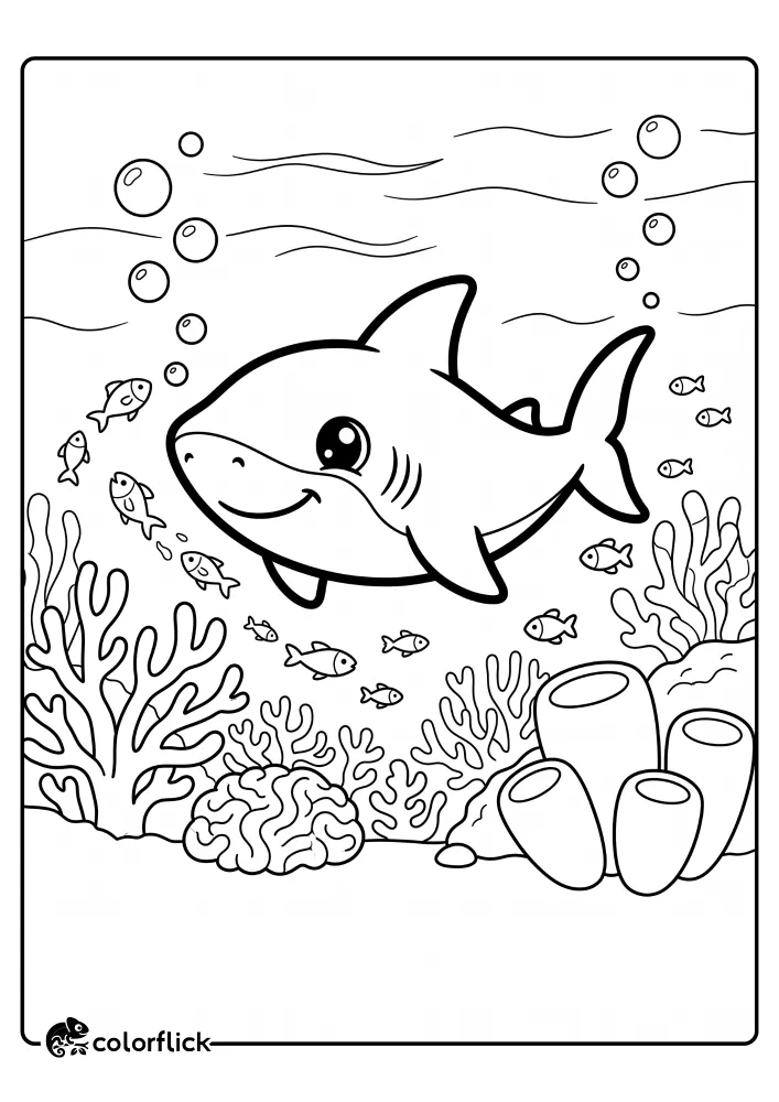 A happy, smiling cartoon shark swimming over a detailed coral reef with small fish and rising bubbles, featured in a free printable coloring sheet for kids.