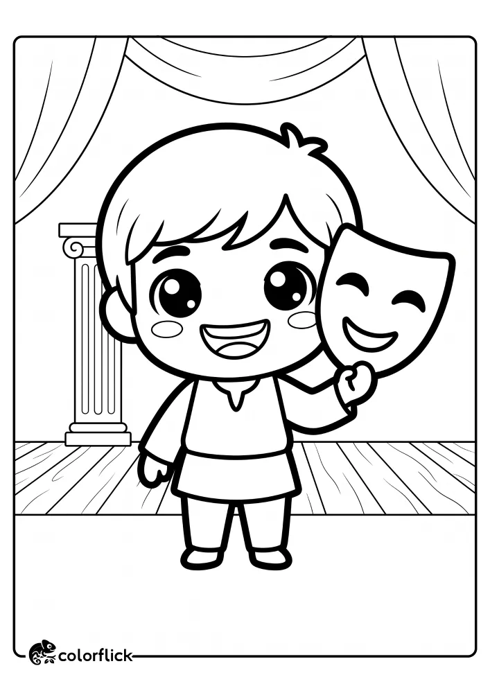 A printable coloring page for kids featuring a happy chibi actor character standing on a wooden stage and smiling while holding a cheerful Greek comedy theater mask.