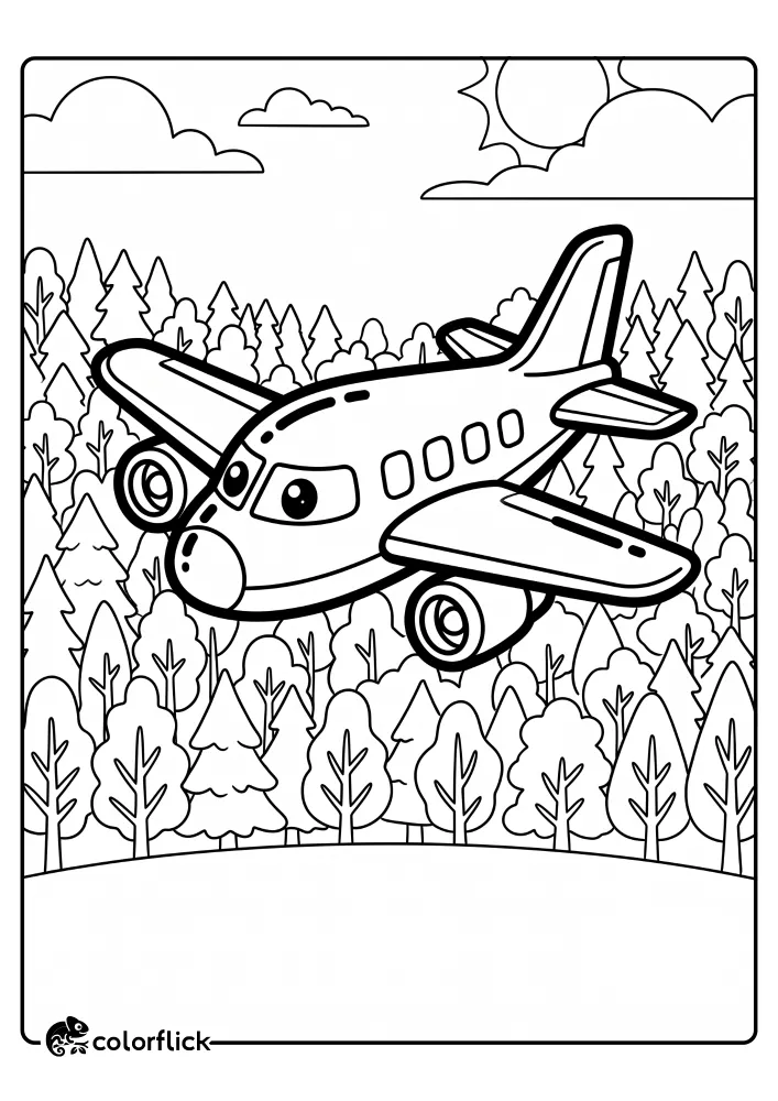 A cute, smiling airplane with large eyes is flying high in the sky over a dense forest of many different trees. This is an easy printable coloring page for kids.