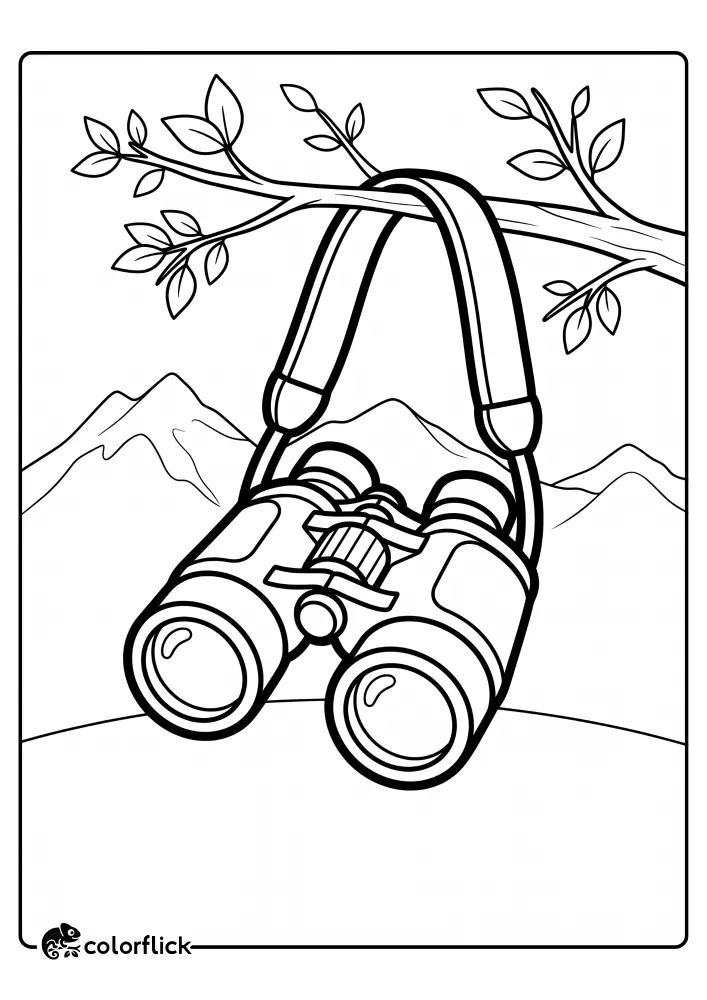 A free printable coloring sheet for kids featuring a large pair of outdoor binoculars hanging from a tree branch by a thick strap, with a mountain range outline in the background.