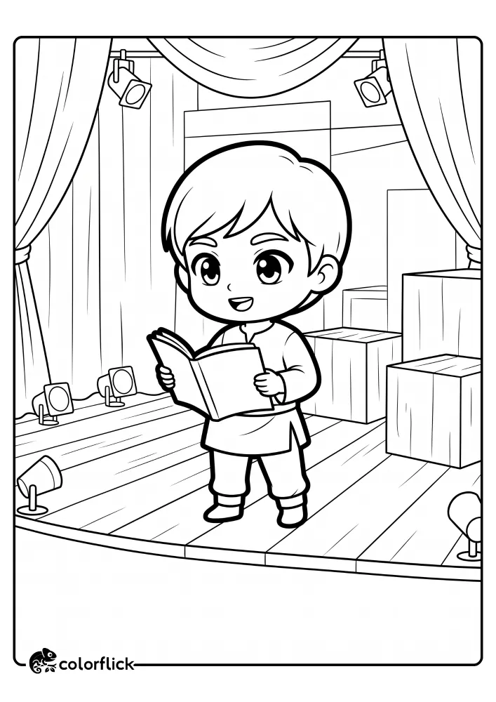 A printable coloring page for kids showing a cute boy actor standing on a wooden theater stage and holding an open script to practice his lines.