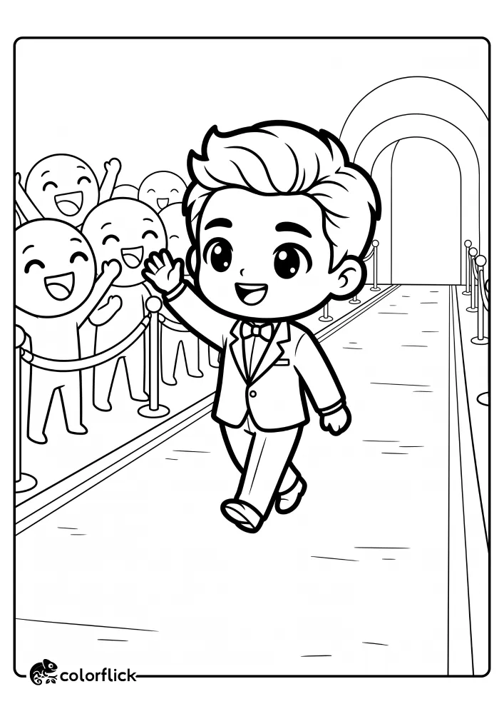 A free printable coloring sheet featuring a young boy actor in a tuxedo waving to a crowd of cheering fans while walking down an event carpet.