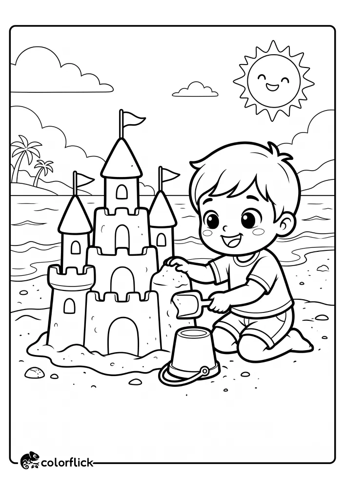 A happy young boy sits on the sandy beach building a tall sandcastle with a bucket and shovel under a smiling sun in this printable coloring page for kids.