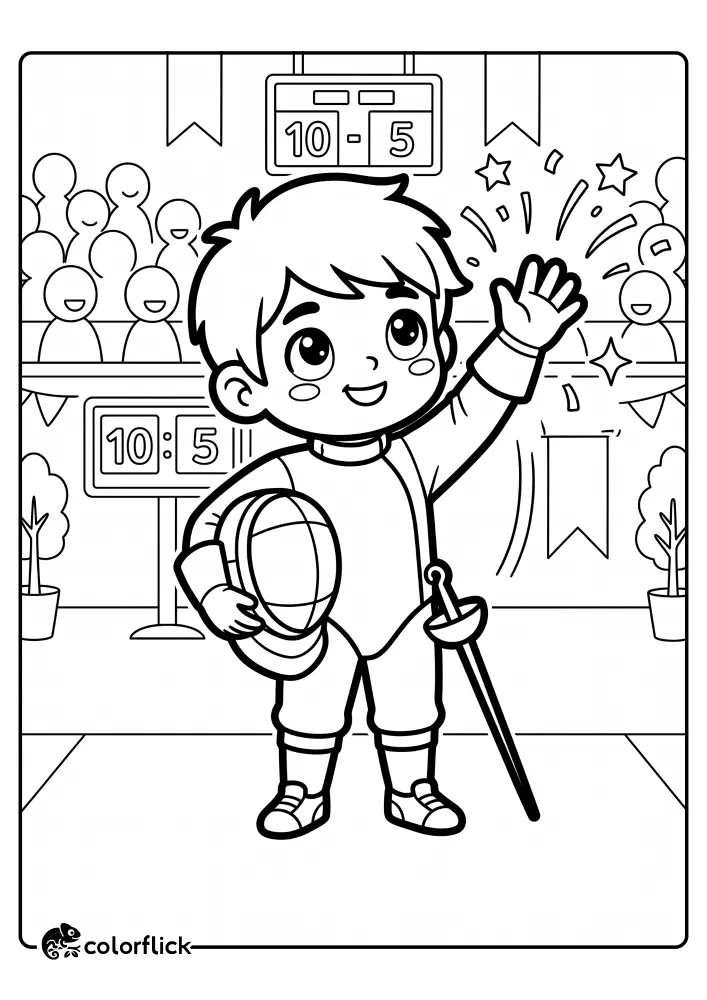 A printable coloring page for kids showing a smiling young boy fencer waving with confetti, holding his mask and sword, with a scoreboard and crowd in the background.
