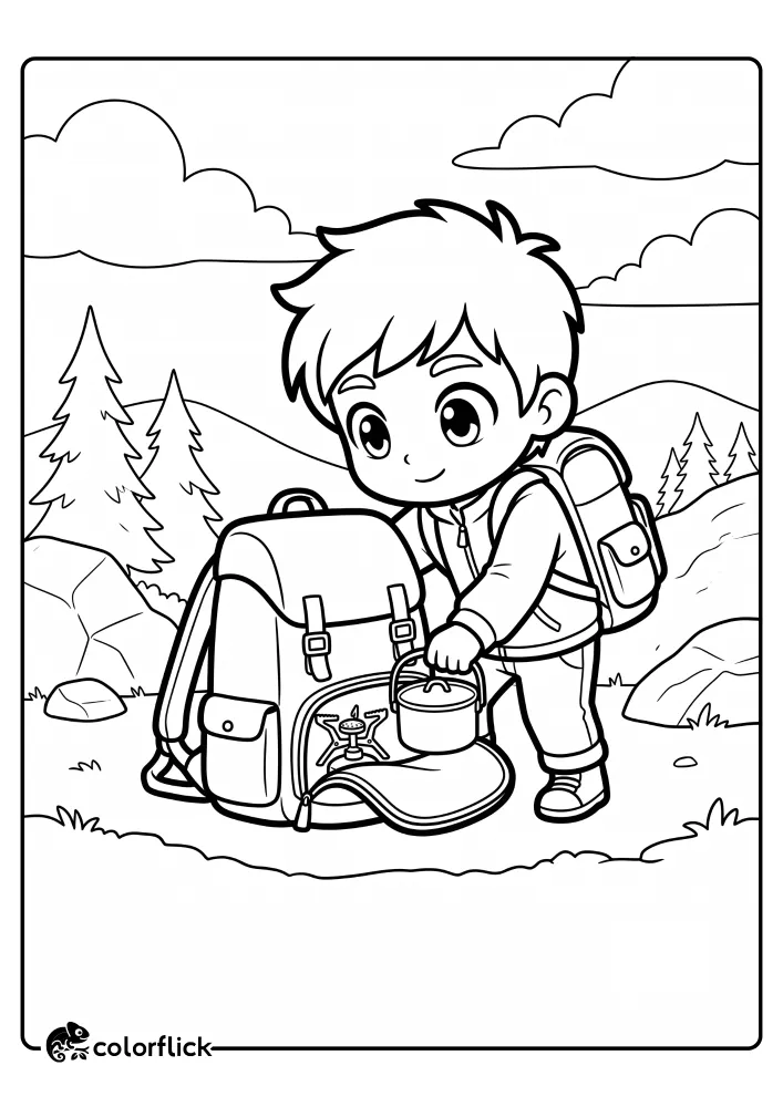 A cute boy hiker stands beside his big hiking backpack, pulling a small cooking pot out of an open compartment with a foldable camp stove visible, as a printable coloring page for kids.