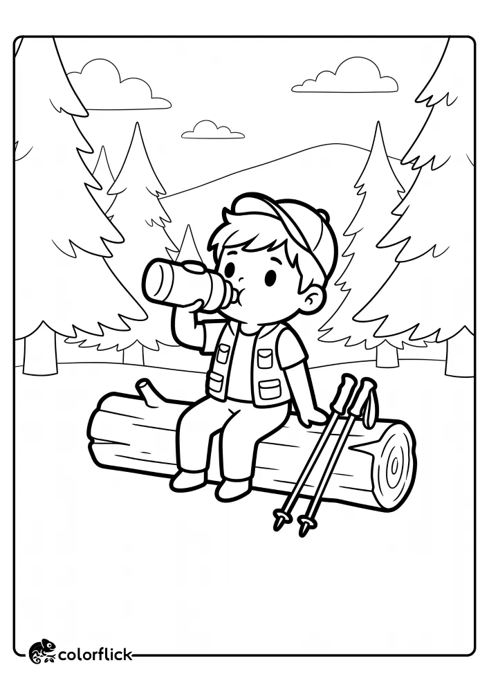 A cute little boy hiker with a backpack and cap sits on a large fallen log in a forest and drinks water from a bottle, with hiking poles nearby, in this printable coloring page for kids.