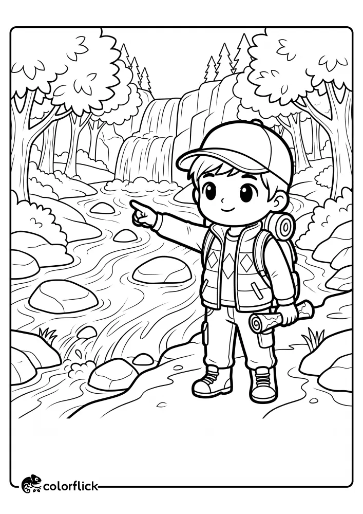 An easy-to-color, bold-outline printable coloring page for kids of a young boy hiker in a cap and backpack, standing next to a flowing river and pointing towards a distant cascading waterfall in a wooded landscape.