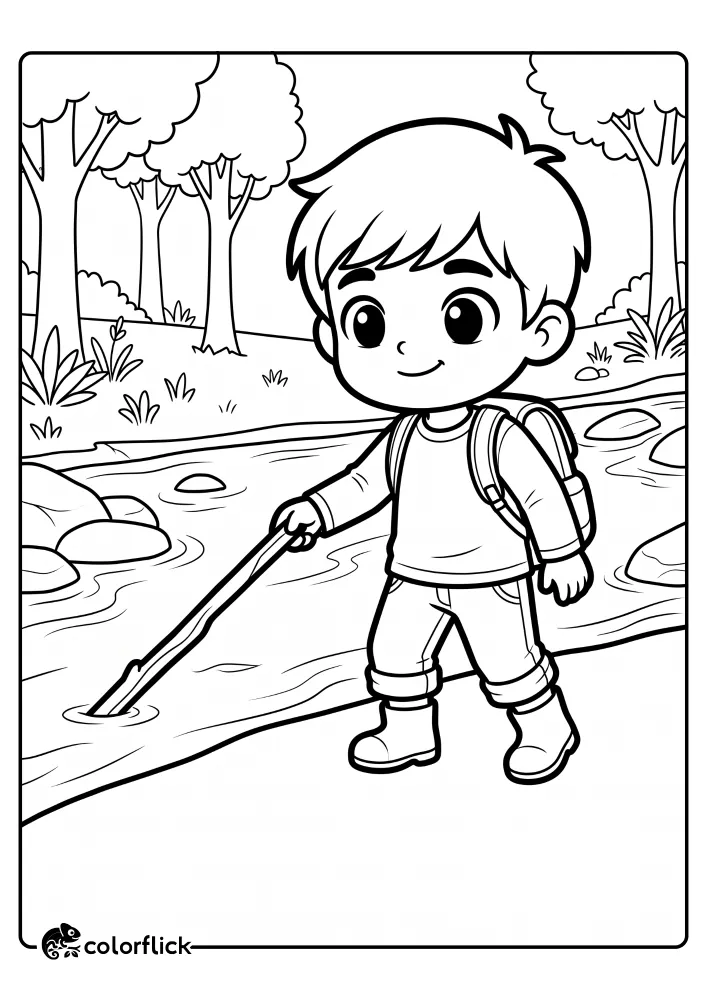 A boy hiker with a backpack and walking stick tests the water depth of a river in a wooded area on this printable coloring page for kids.
