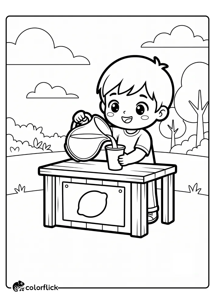 A black and white line art free printable coloring sheet showing a young boy pouring a refreshing drink from a pitcher into a cup at a wooden lemonade stand.
