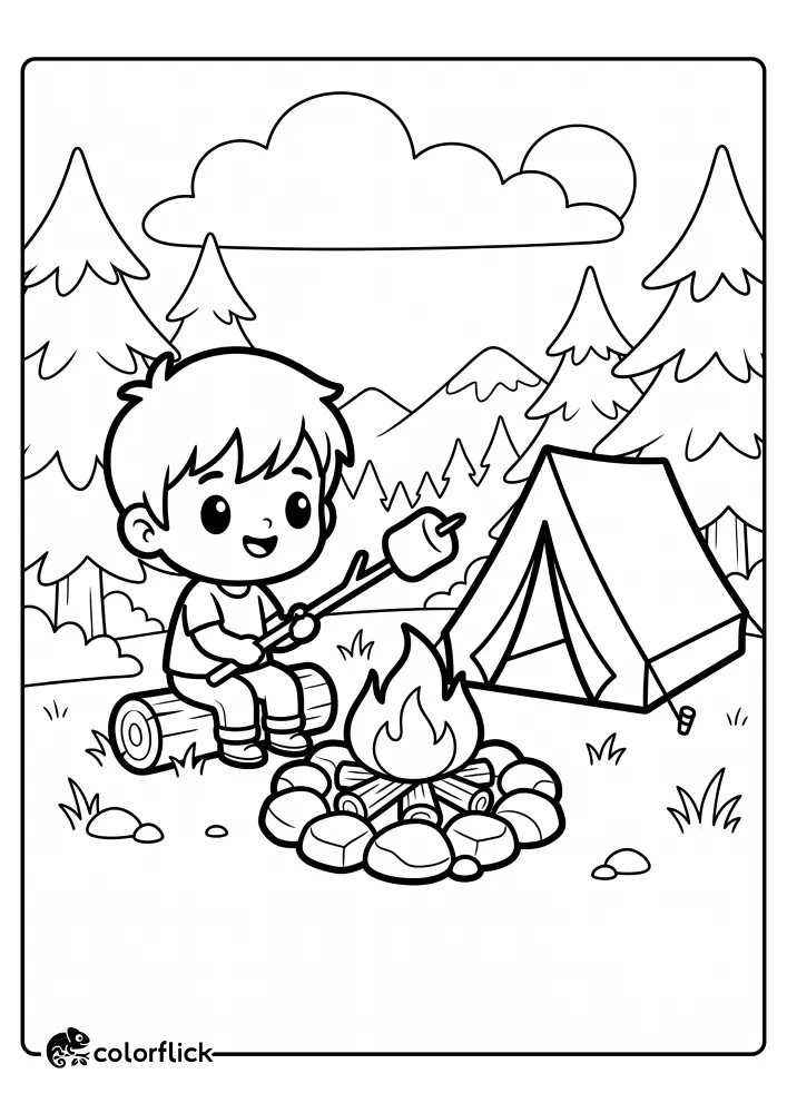 A black and white line art free printable coloring sheet showing a young boy sitting on a log roasting a marshmallow over a campfire next to a camping tent.