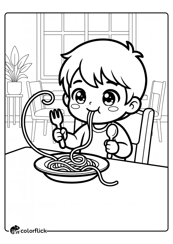 A happy young boy slurps a super long spaghetti noodle from a bowl using a fork and spoon in a printable coloring page for kids.