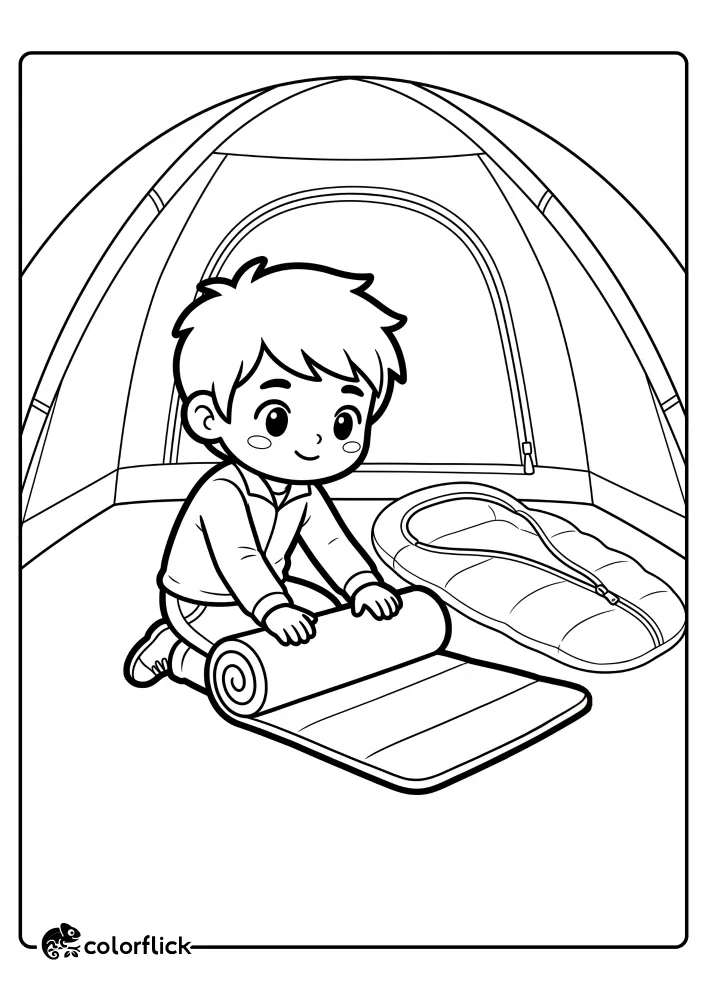 A young hiker rolling up a sleeping bag on the grass at a campsite next to an open backpack and tent in this free printable coloring sheet.