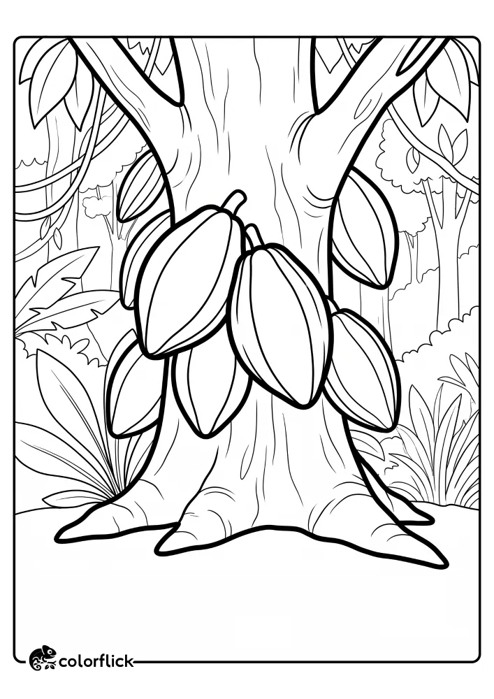A printable coloring page for kids featuring a close-up view of oval cacao pods growing directly out of the thick main trunk of a rainforest tree.