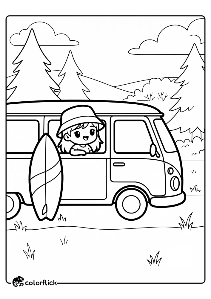 A black and white line art free printable coloring sheet showing a teenager wearing a bucket hat looking out the window of a retro camper van with a surfboard leaning against it.