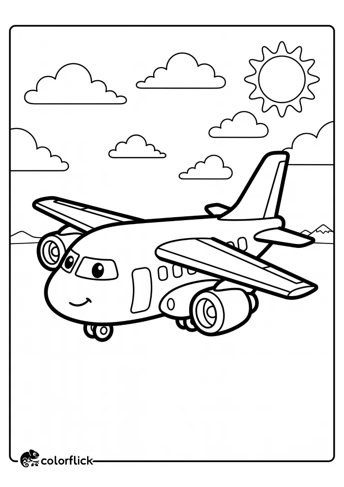 An easy printable coloring page for kids showing a smiling cartoon airplane flying high above simple mountains and clouds with a sun.