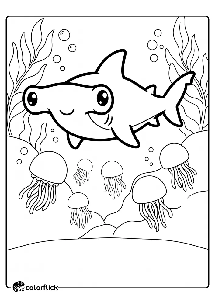 A friendly cartoon hammerhead shark swimming above simple round jellyfish in the ocean, a free printable coloring sheet for kids.