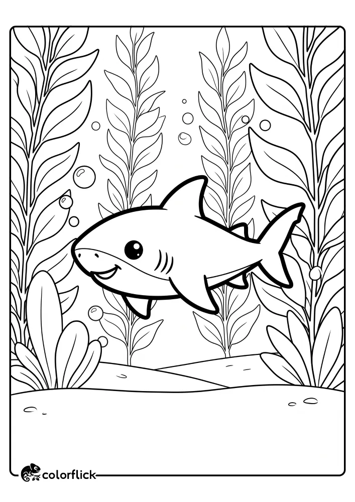 A friendly cartoon shark swims through tall strands of underwater seaweed with bubbles in this easy printable coloring page for kids.