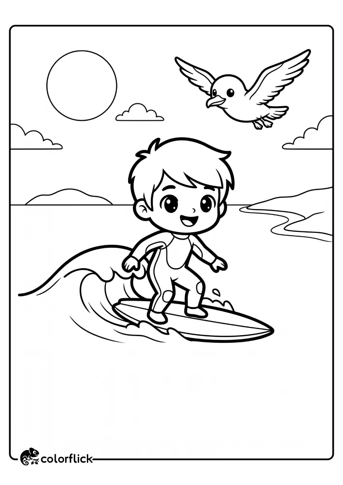 A black and white line art coloring page for kids showing a cute chibi boy in a wetsuit surfing on a surfboard, with a friendly cartoon seagull flying in the sky. Large clear shapes.